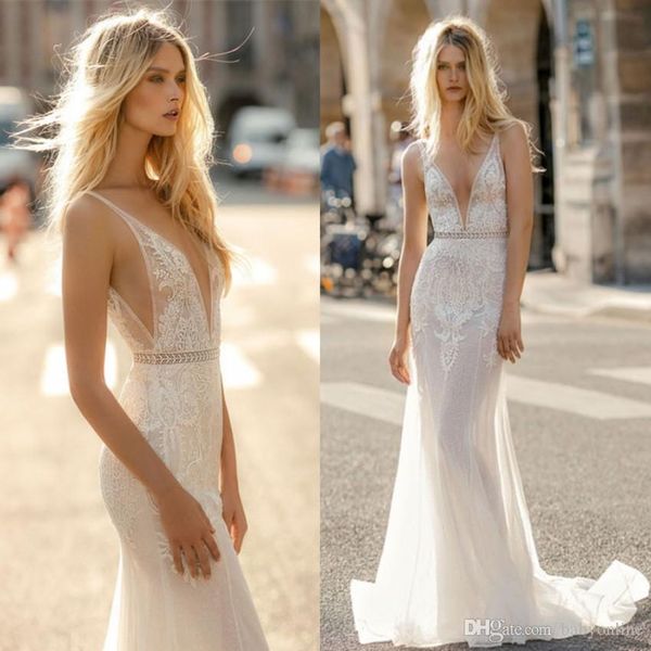 

2019 new designer mermaid wedding dresses deep v neck see through appliques floor length robe de mariee wedding dress bridal gowns, White