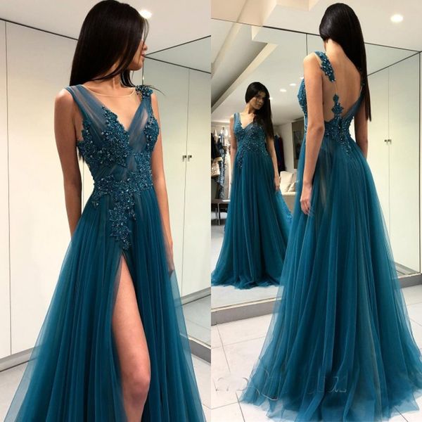 

Gorgeous Dark Blue Scoop Long Evening Dresses 2019 Formal Dresses With Side Split Vestido De Festa Illusion Bodice Backless Party Gowns
