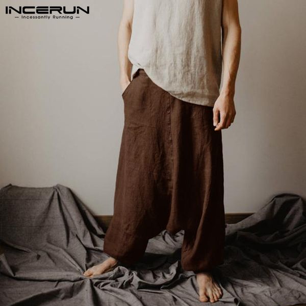 

incerun fashion harem pants yoga-pant man cotton baggy wide leg elastic waist cross-pants dance afghani pants pantalon hombre, Black