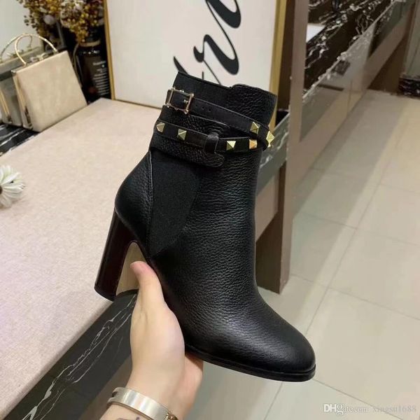 

designer boots rough heel round head ankle boots autumn winter women shoes real leather short booties black rivets high heels size 35-39