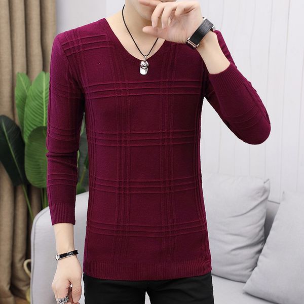

autumn winter men sweater fashion simple plaid sweater men slim fit v neck knitted pullovers clothes 2019 pull homme 3xl, White;black