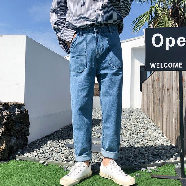 

jeans men slim fashion washed solid color casual big pocket denim pants man streetwear hip hop straight jeans trousers male, Blue