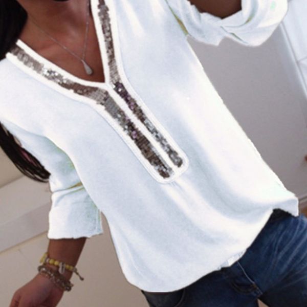 

sexy пришивания v-образным вырезом осень блуза рубашки твердая строчка рубашки черный белый с длинным рукавом женщины топы туники femme blus, White