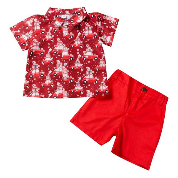 

baby boys christmas car print shirt pants children's set two piece short sleeved shorts, White