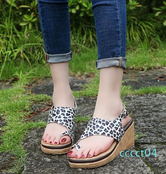 

large size beach sandals women high-heeled roman shoes light bottom leopard wedge sandals female toe vulcanized shoes ct04, Black