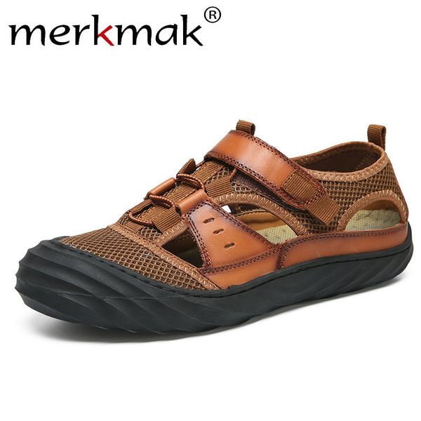 

merkmak summer leather men's sandals solid hollow breathable outdoor soft beach shoes casual men footwear flat soft man's shoes, Black
