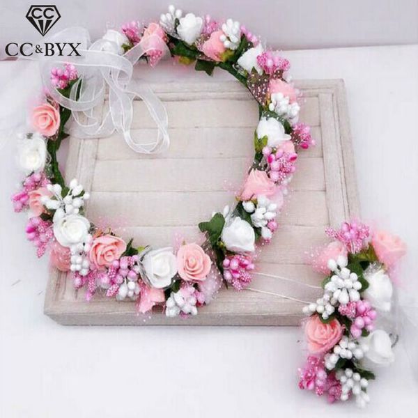 

cc flower crowns tiaras bracelet 2pcs romantic engagement wedding hair accessories for bridal bridesmaids beach jewelry su013, Golden;white
