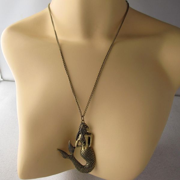 

european and american jewelry factory wholesale vintage mermaid pendant spring and autumn long sweater chain necklace female, Silver