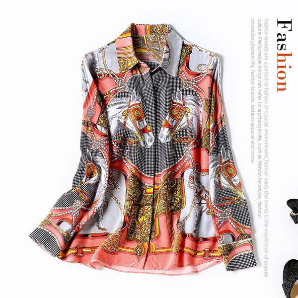 

новая шелковая рубашка женщины s 20 ранняя весна новый лацкан позиционирование печати европейский стиль с длинным рукавом шелковая блузка же, White