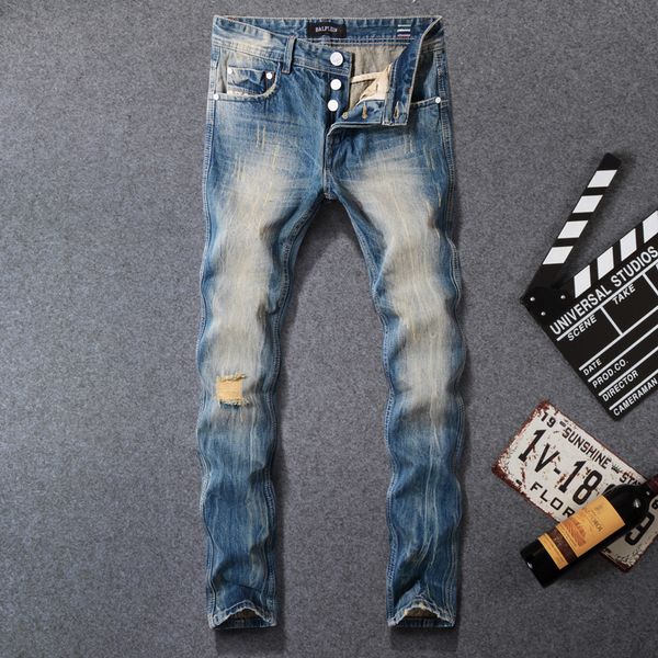 

italian vintage style fashion men jeans blue slim fit retro washed ripped jeans men denim buttons pants hombre classical