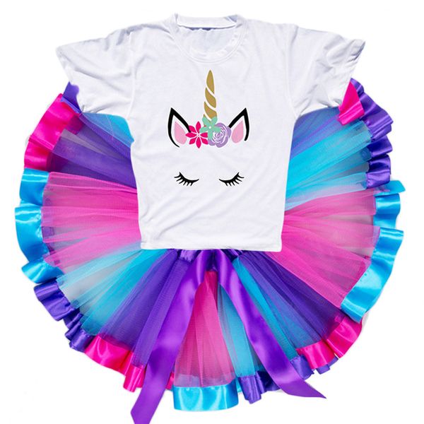 

лето unicorn baby girl пачка одежда наборы дети от 1 до 8 лет birthday party маленькие девочки одежда принцессы рейнбоу костюмы, White