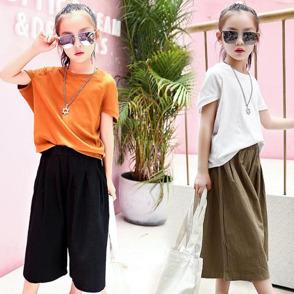 

2019 kids fashion toddler girls clothing sets 2 pcs t-shirts + wide leg pants suits teenage girls clothes sets 10 12 years sale, White