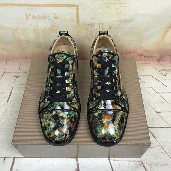 

low skate shoes brand red bottom junior spiked sneaker dark green built-in inkjet smooth patent leather luxury wedding party dress super qua, Black