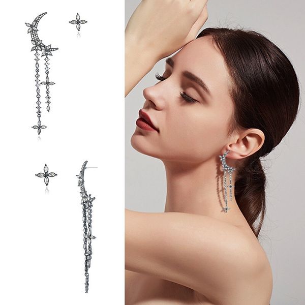 

fashionable star moon earrings women black colour asymmetricalÂ style long, Silver