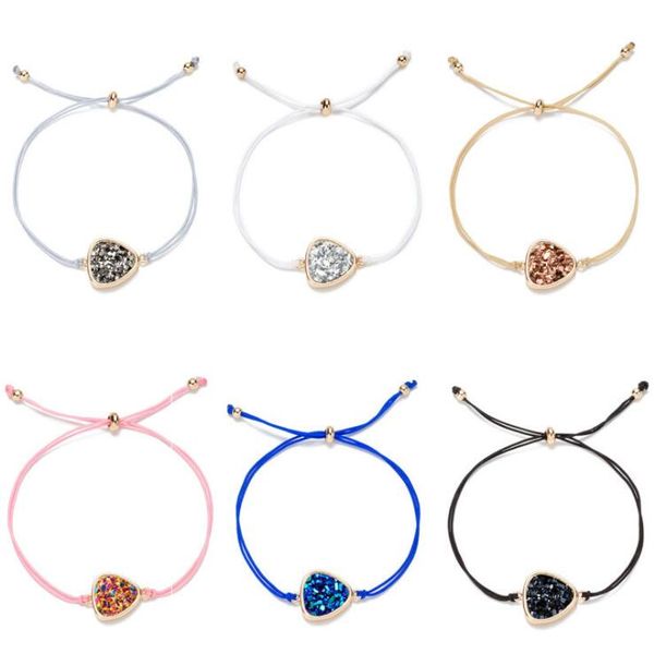 

triangle resin druzy drusy bracelet faux resin druse stone adjustable rope cord lover friendship bracelet jewelry, Golden;silver