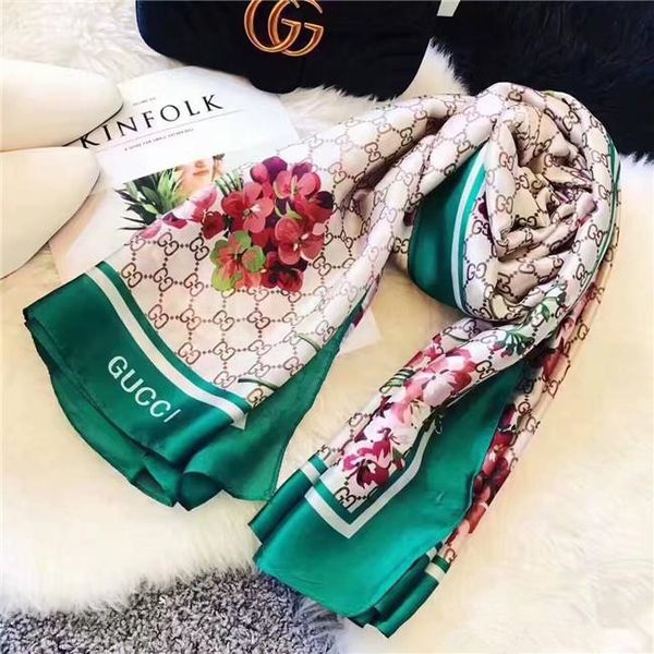 

2019 luxury silk scarf for women fashion summer designer full logo green floral flower long scarves wrap with tag 180x90cm shawls, Blue;gray
