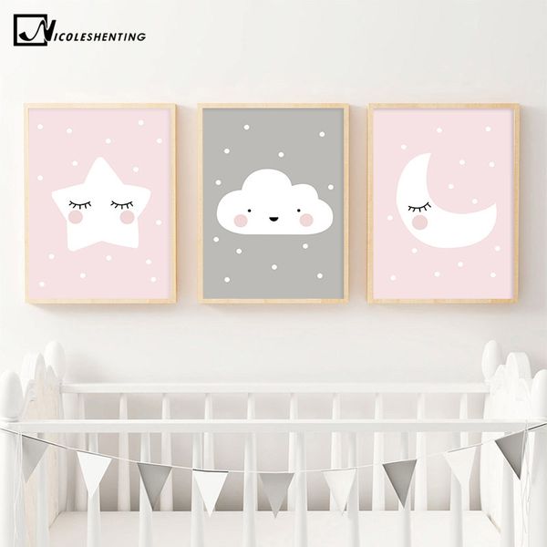 

pink moon cloud star nursery child poster cute art decorative print wall painting decoration picture nordic kid baby room decor