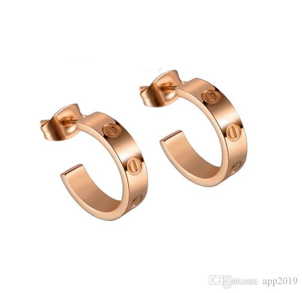 

stainless steel love jewelry men and women earrings fashion beautiful screw crystal smooth c-shaped titanium steel earrings, Golden;silver