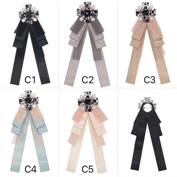 

british bow tie flower brooches rhinestones jewelry women dress bridesmaid wedding boutonniere sumptuous long streamer female pins 5 colors, Gray