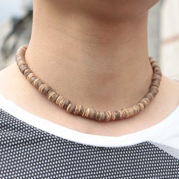 

fashion antique handmade coconut shell wood chocker necklace boho mens short neckless for male vintage jewelry homme, Golden;silver