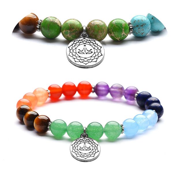 

2 styles 7 chakra colorful bracelet for women lotus pendant yoga beads bangle natural stone buddhist mala meditation bracelet jewelry m7f