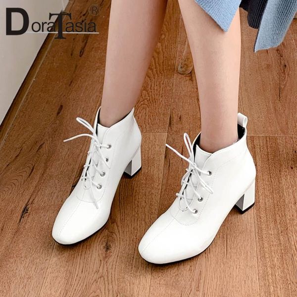 

doratasia new ladies spring fashion patent pu boots mature high chunky heel boots women cool square toe ankle shoes woman, Black