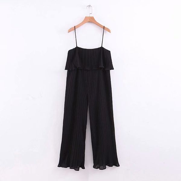 

women green chiffon pleated jumpsuits casual elastic waist ruffles sleeveless backless rompers elegant playsuits, Black;white