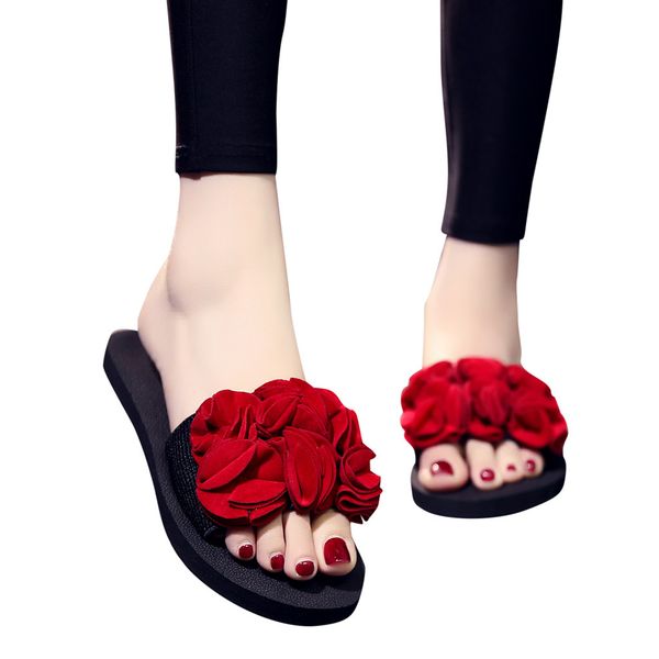 

2019 fashion women's bohemian flower flat slippers summer sandals non-slip beach shoes home casual ing, Black