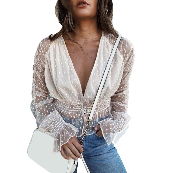 

women blouse soft polka dot lace pullover party flare sleeve summer v neck thin casual attractive, White