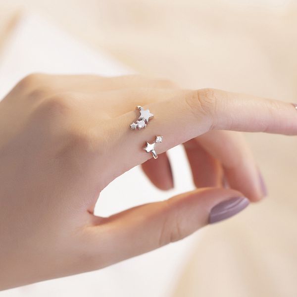 

silver star adjustable opening rings 925 meteor star sparkling zircon finger ring for women female fashion jewelry, Slivery;golden