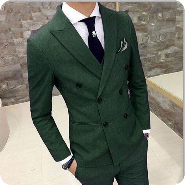 

green men suits for wedding man blazer jacket 2piece double breasted peaked lapel latest coat pant designs groom tuxedos costume homme prom, Black;gray