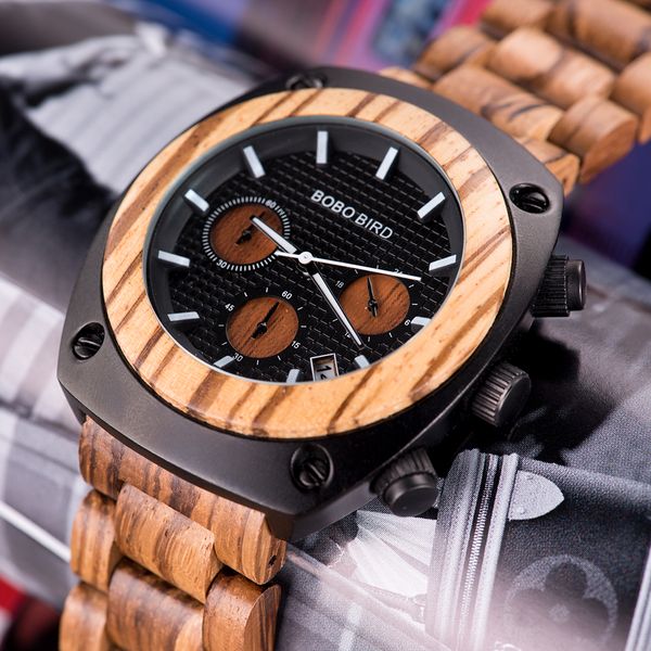 

bobo bird original brand men watch date display new design wood stainless steel strap in gift box accept customized reloj mujer