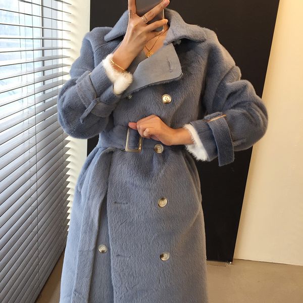 

autumn winter long manteau fourrure femme full sleeve double breasted belt elegant faux fur coat women korean fur coats outwear, Black