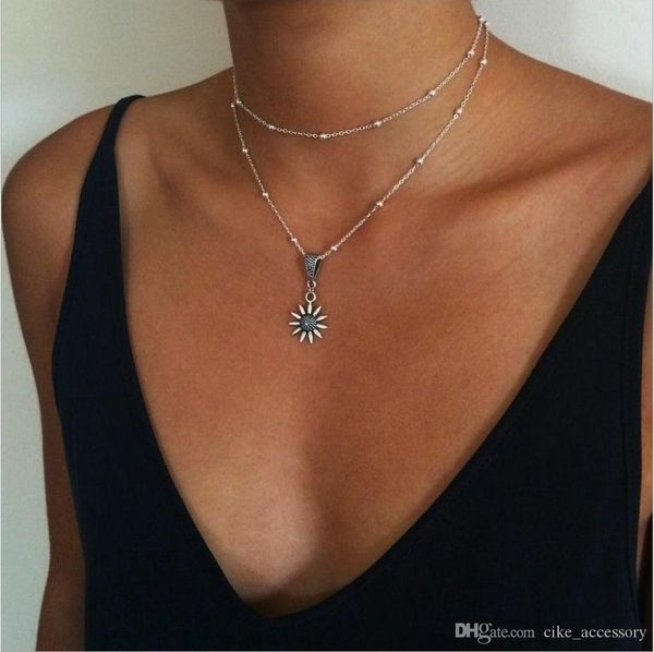 

two layer necklace bead chain choker sunflower alloy accessory slide pendant silver plated women gift
