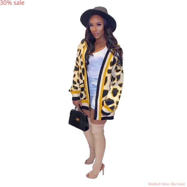 

leopard knit cardigan women 2019 autumn winter clothing womens leopard trench coat plus size casual loose windbreaker coats, Tan;black