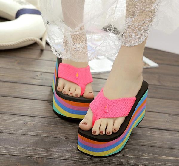 

2019 wholesale women flip flops sandals slippers new thick bottom platform slope beach female rainbow colorful slippers 36-39, Black