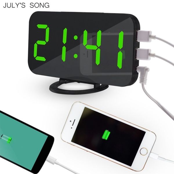 

july's song mirror alarm clock digital led clocks usb phone charging electronic watch table snooze auto adjustable light clocks
