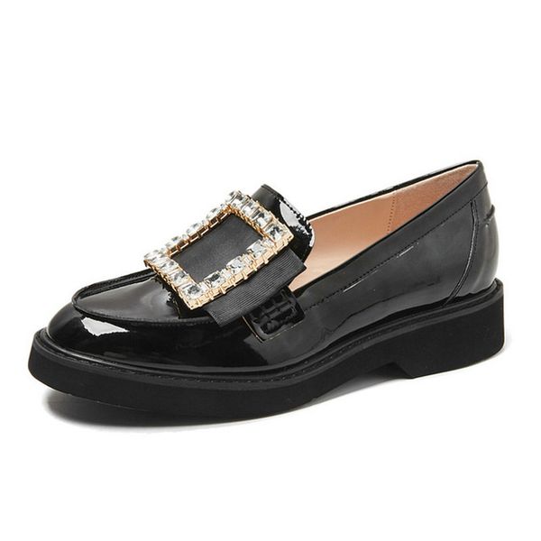 

2020 patent leather diamond loafers british wind pearl leather shoes moccasins square buckle lazy shoes women low heel single s, Black