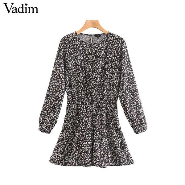 

vadim women vintage floral print mini dress long sleeve o neck female casual elastic waist chic dresses vestidos mujer qd078, Black;pink
