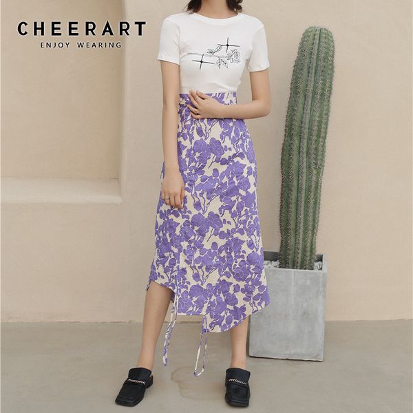 

cheerart drawstring purple high wasit skirt womens summer asymmetrical floral print wrap long midi ruched skirt fashion 2020, Black