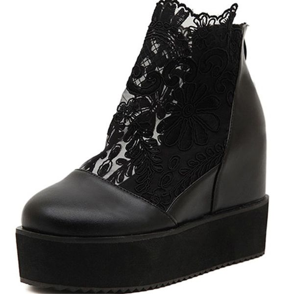 

women's wedges platform sandals 2019 fashion white lace flowers zipper women's shoes wedge heel thick sole ladies summer shoes wom, Black