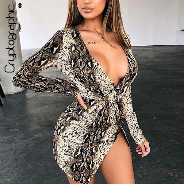 

криптографическая мода змея печати sexy v образным вырезом платье женский высокая талия мини платье 2019 осень с длинным рукавом крест накре, Black;gray