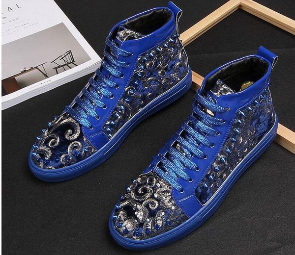 

men fashion short boots spring autumn blue rivets punk shoes men hip hop new arrival sneakers, Black