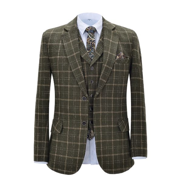 

men suits 3 pieces business suits groom army green noble plaid wool tuxedos for formal wedding suit(blazer+pants+vest, White;black