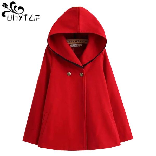 

uhytgf autumn winter short wool coat women plus size hooded cloak woolen coat tide fashion loose bat sleeve woolen outerwear 684, Black