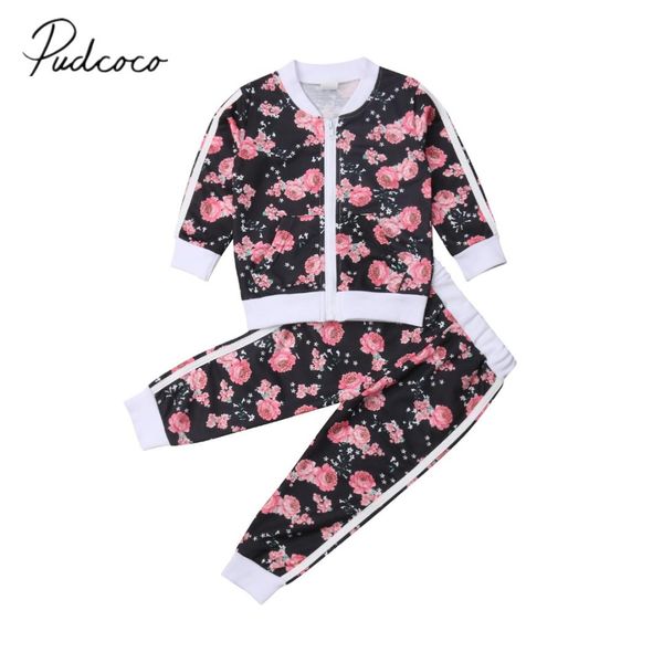 

2019 brand new 2-7y infant kids baby girls sets flowers long sleeve zipper jacket coat +pants autumn winter sport clothes, White