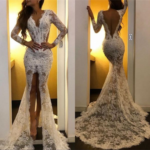 

2020 new mermaid wedding dresses v neck long sleeves full lace appliques front split sheer sweep train backless plus size bridal gowns, White
