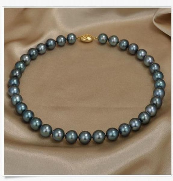

18"10-12mm round tahitian black green pearl necklace, Silver