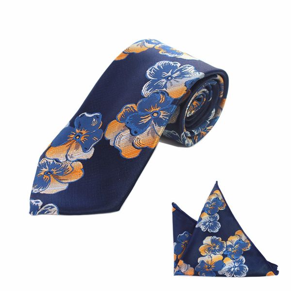 

jemygins new floral striped 8cm silk wedding jacquard woven men tie paisley necktie pocket square handkerchief set navy blue tie, Blue;white