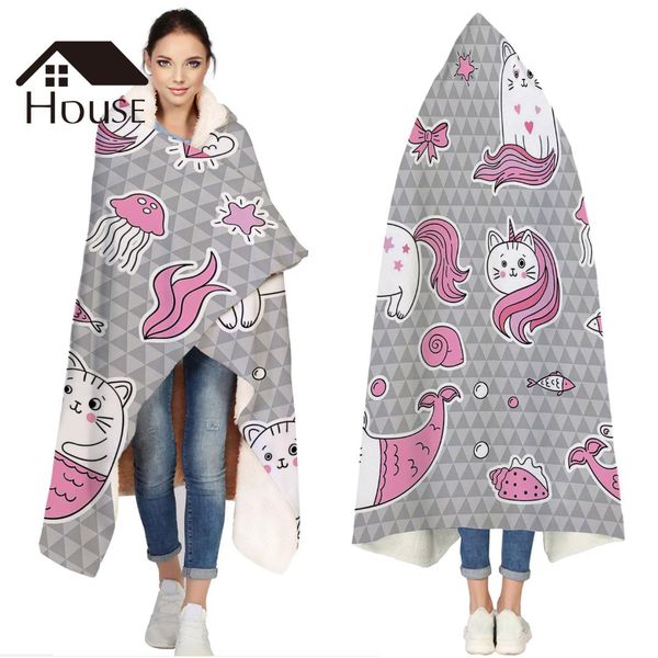 

portable wearable fluffy custom hooded blanket grey and pink cartoon animals fleece hooded throw wrapbed blanket
